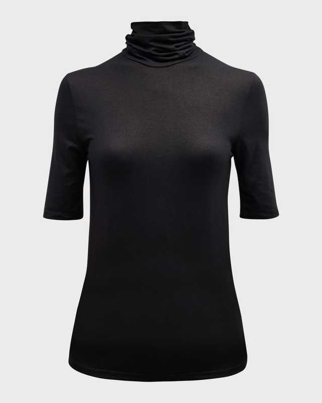 Soft Touch Metallic Elbow-Sleeve Turtleneck